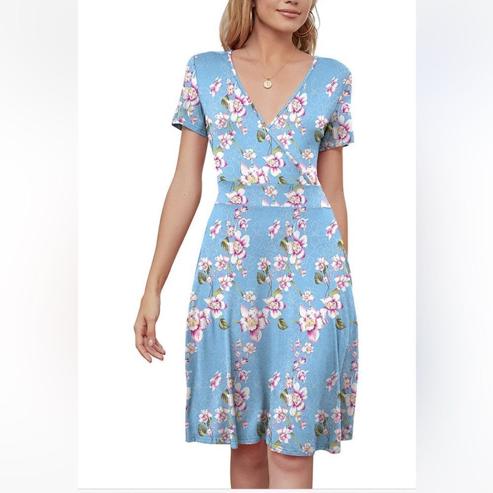 DB MOON Women Casual Short Sleeve Dresses Empire Waist Dress Pockets NWT Large - Picture 2 of 14